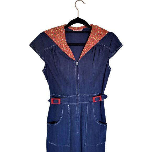 Vintage Navy Jumpsuit with Red Accents & Hood - Picture 2 of 15